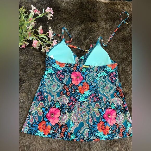 Laundry By Shelli Segal Turquoise Colorful Floral Paisley Ruffle Tankini Top M - Picture 5 of 8